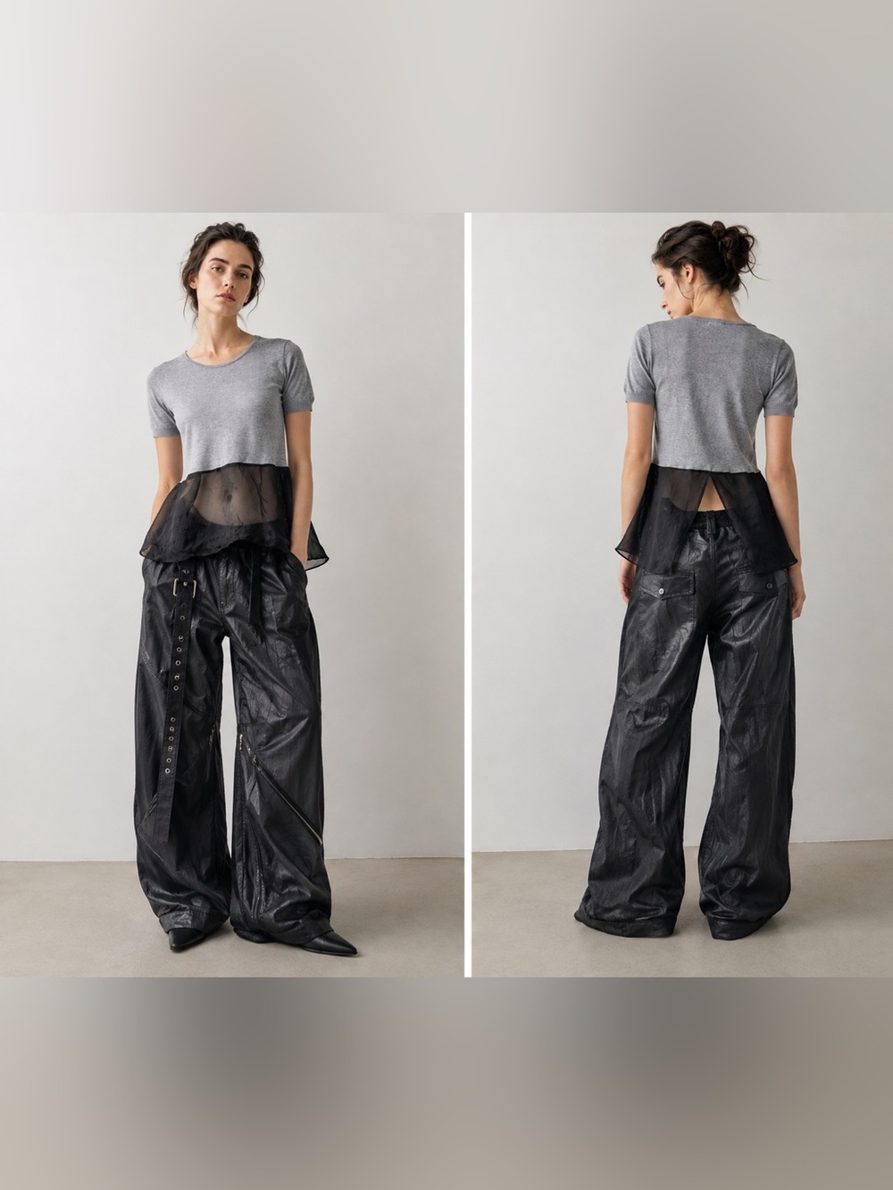 Rare Balenciaga by Nicolas Ghesquière
Grey Fine-Knit & Black Silk Peplum Top S
